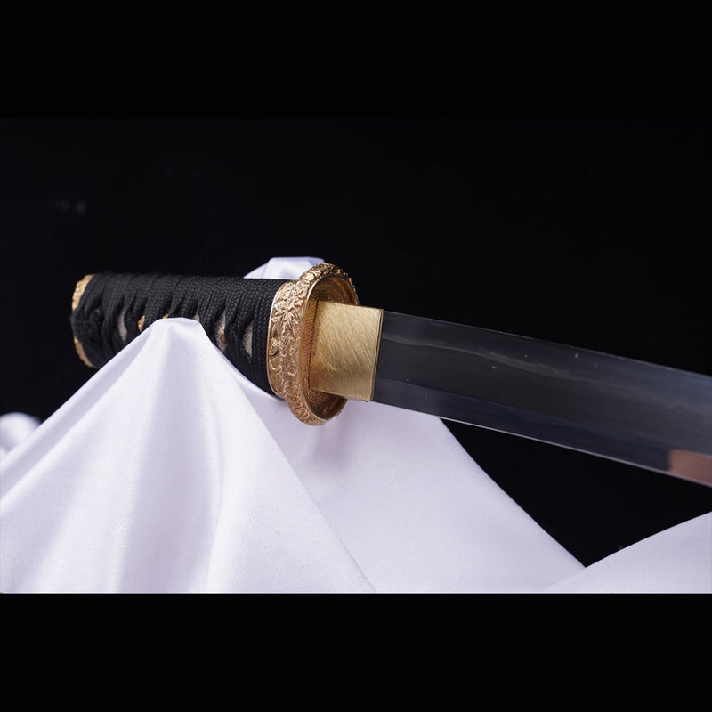 Hand Forged Japanese Tanto Sword Short Sword T10 Steel Clay Tempered Copper Tsuba 