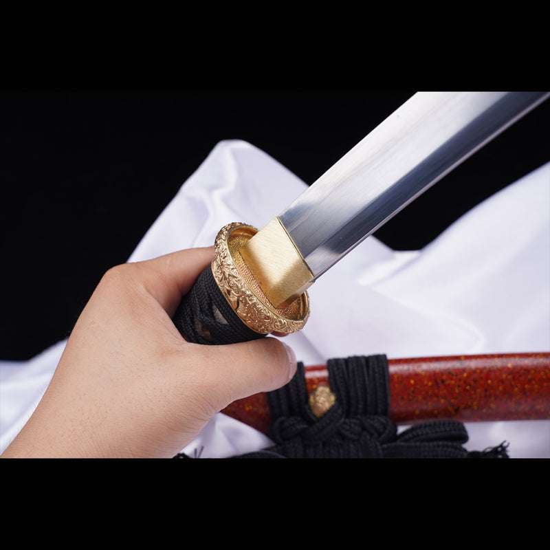 Hand Forged Japanese Tanto Sword Short Sword T10 Steel Clay Tempered Copper Tsuba 