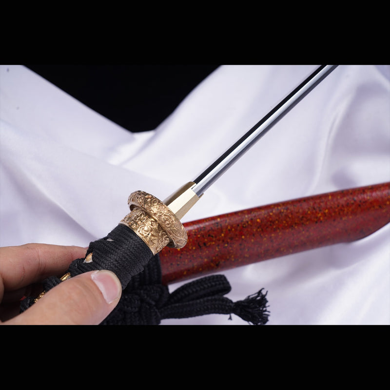 Hand Forged Japanese Tanto Sword Short Sword T10 Steel Clay Tempered Copper Tsuba 