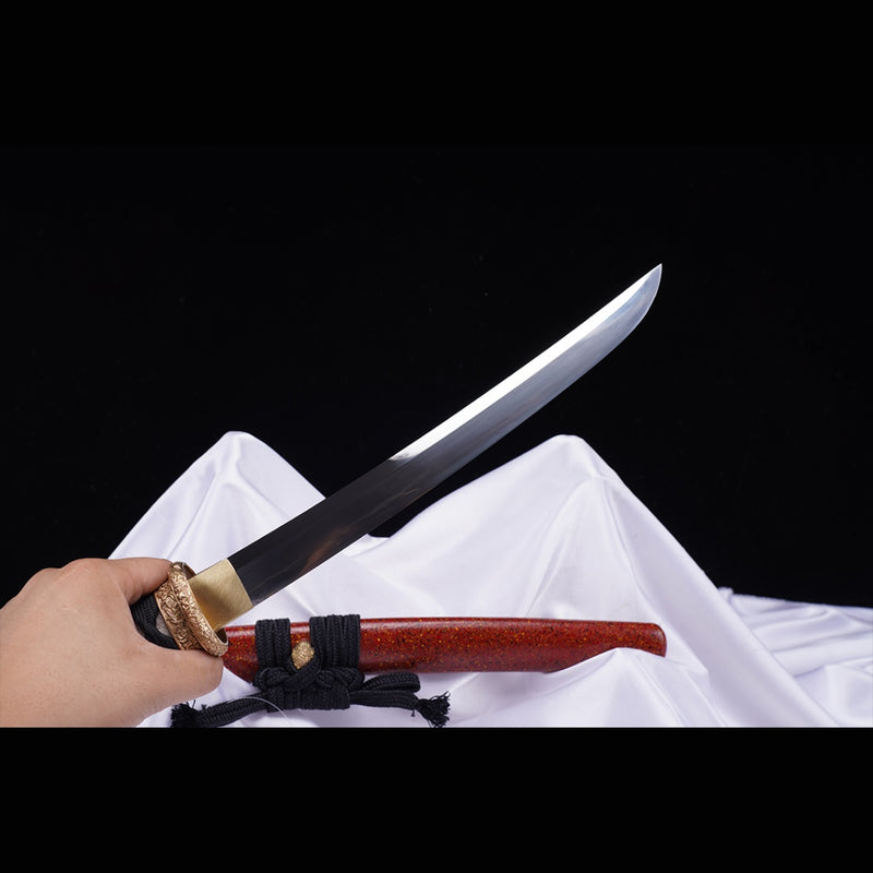 Hand Forged Japanese Tanto Sword Short Sword T10 Steel Clay Tempered Copper Tsuba 