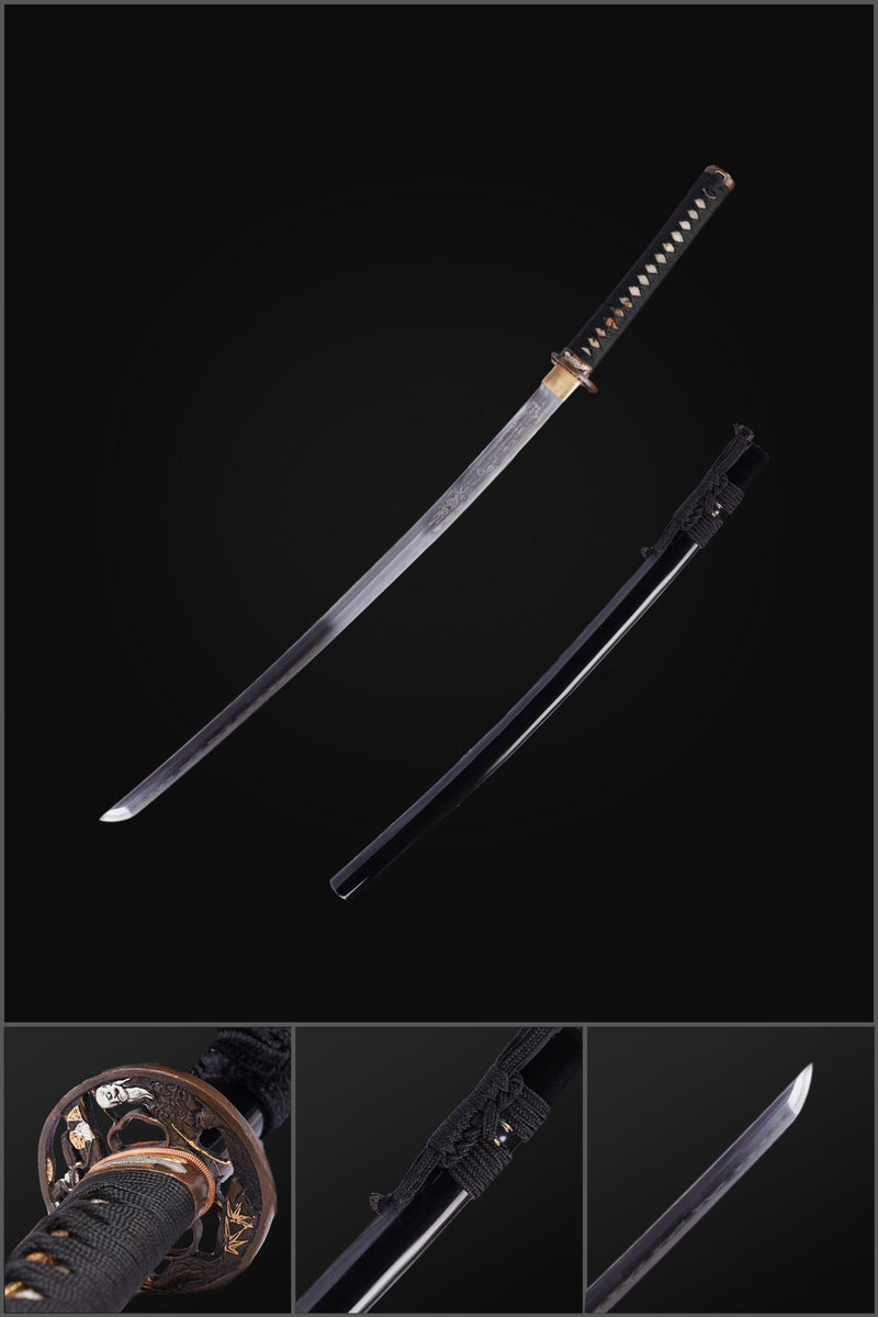 Handgeschmiedetes japanisches Samurai-Schwert gefalteter Stahl Ton gehärtetes vergoldetes Kupfer/versilbertes Kupfer Tsuba - COOLKATANA 