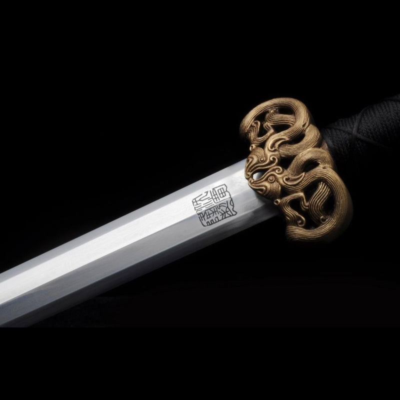 Handmade Chinese Sword Double Dragon Han Jian Folded Steel Blade Ebony 