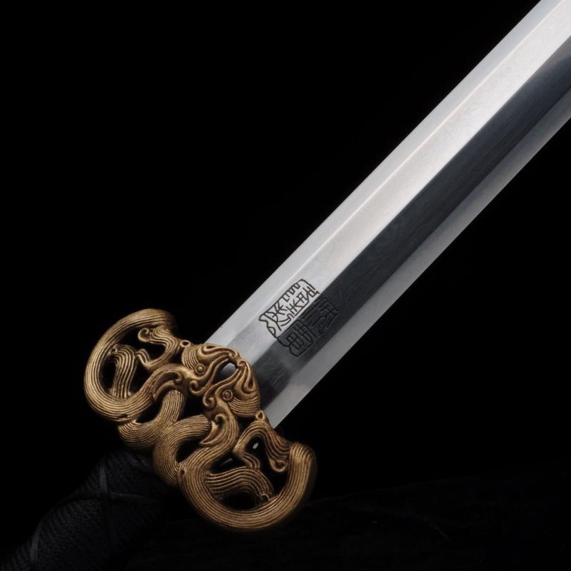 Handmade Chinese Sword Double Dragon Han Jian Folded Steel Blade Ebony 