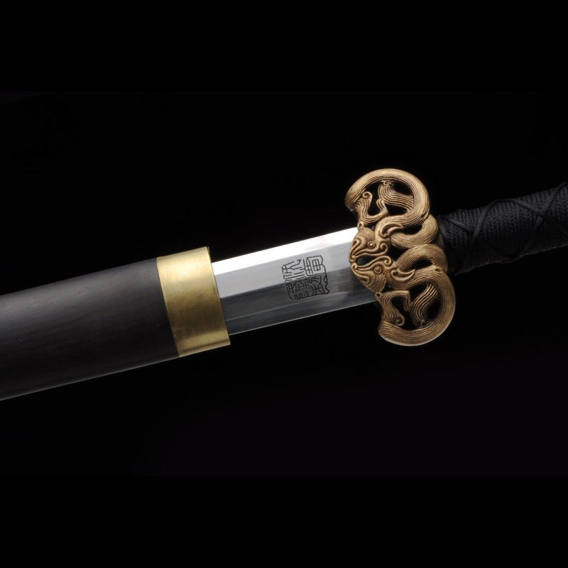 Handmade Chinese Sword Double Dragon Han Jian Folded Steel Blade Ebony 