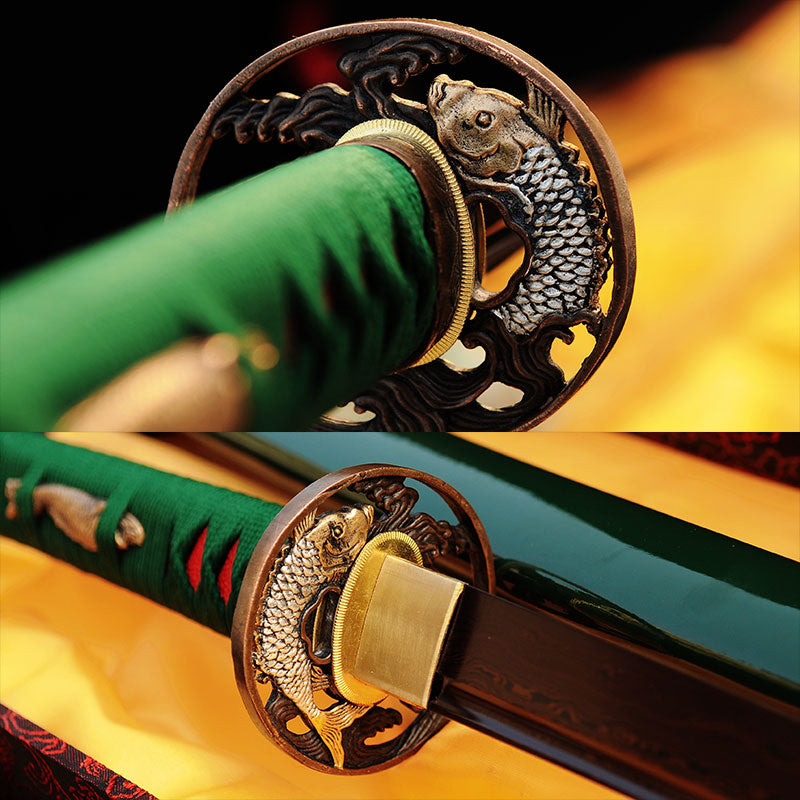 Handgeschmiedetes japanisches Samurai-Katana-Schwert aus Damaskus, gefalteter Stahl, rötlich-schwarze Klinge, Kupfer-Fisch-Tsuba - COOLKATANA 