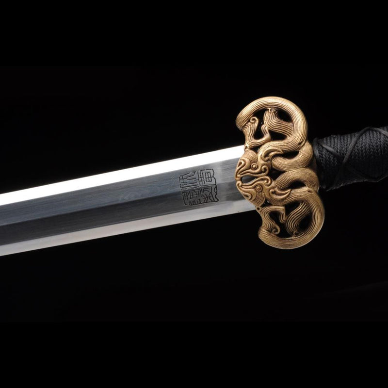 Handmade Chinese Sword Double Dragon Han Jian Folded Steel Blade Ebony 