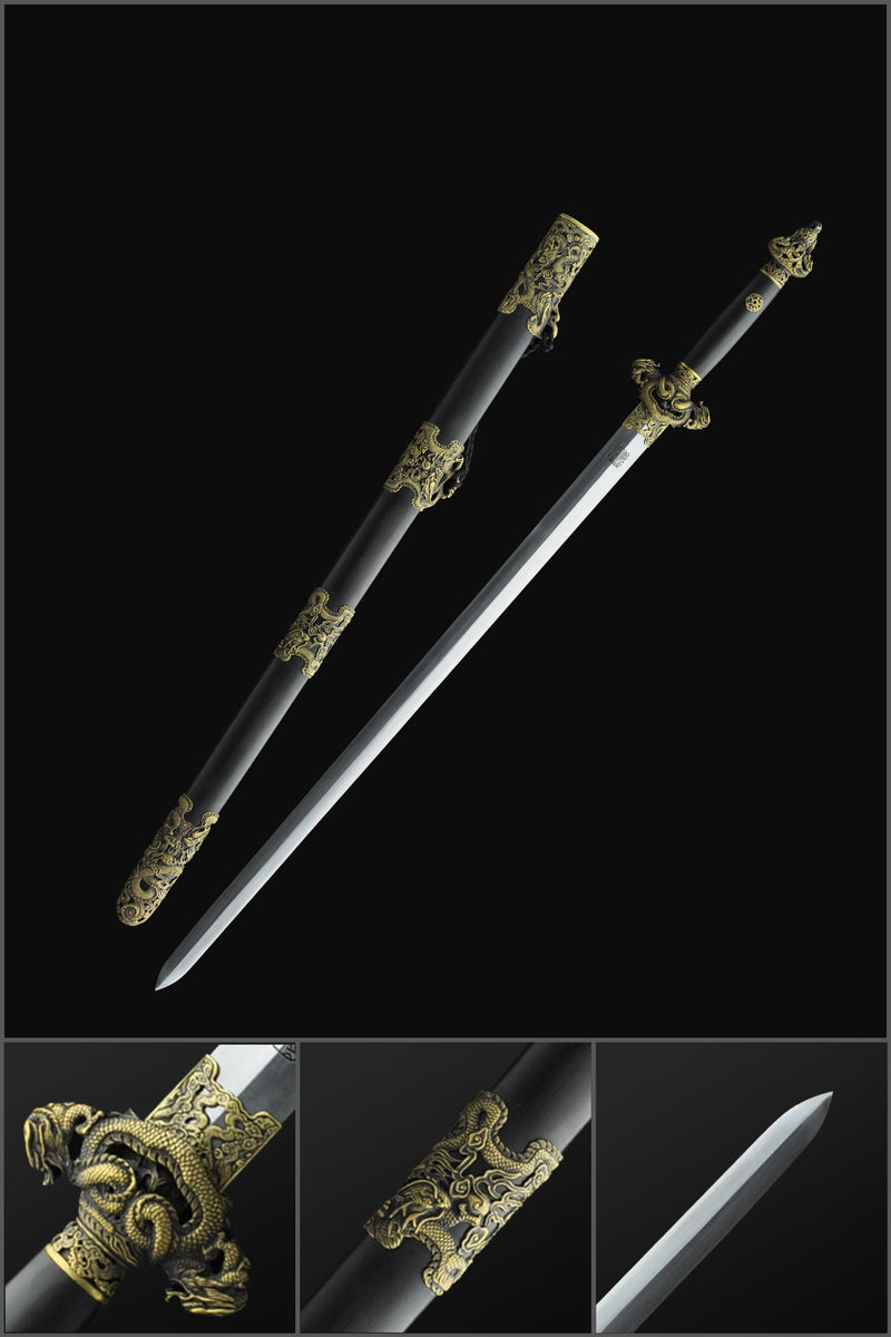 Handgefertigtes chinesisches Schwert Nine Dragon Jian gefaltete Stahlklinge Tamron Figur Ebenholzscheide - COOLKATANA 