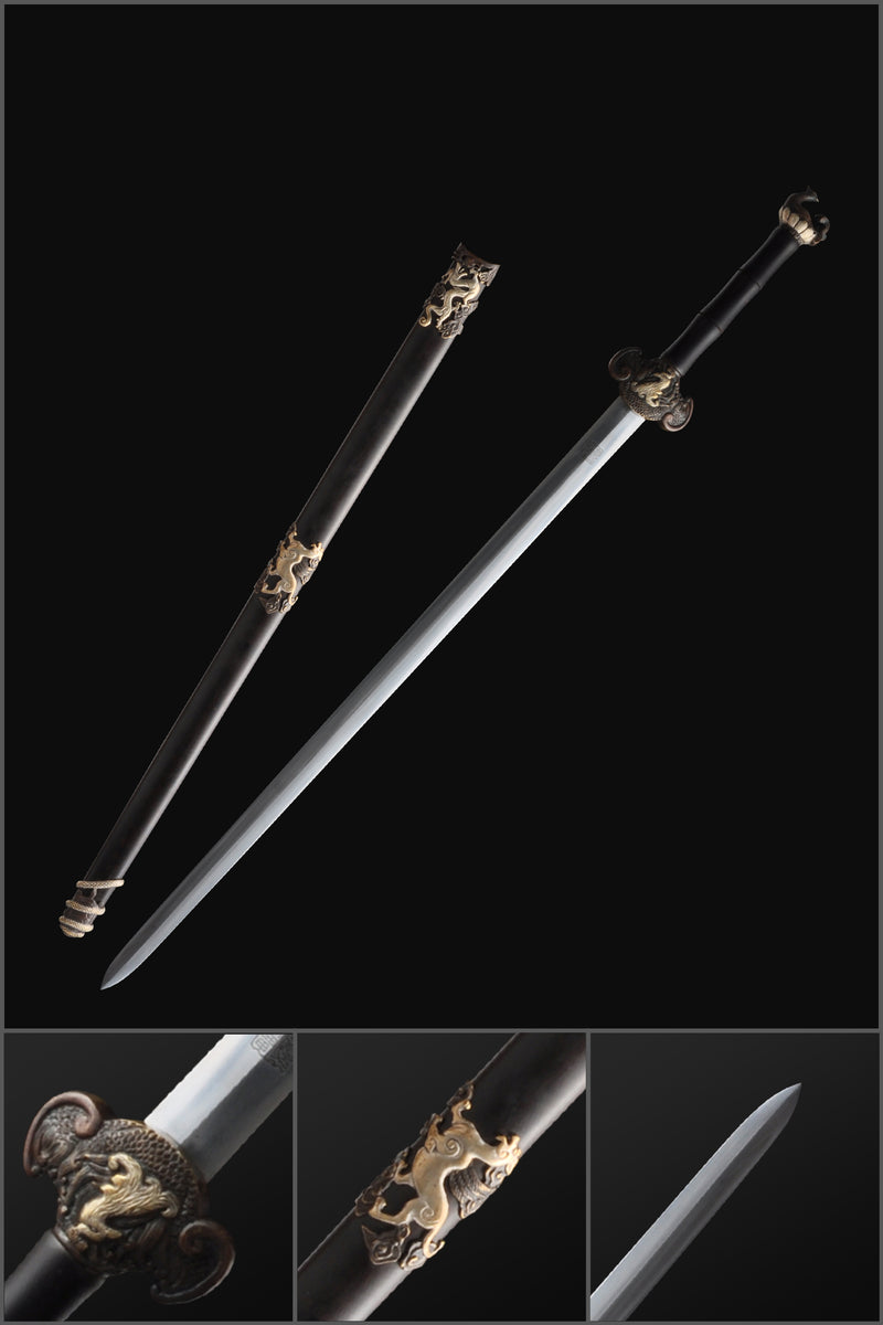 Handmade Chinese Sword Four-Holy-Animal Sword Folded Steel Blade Ebony 