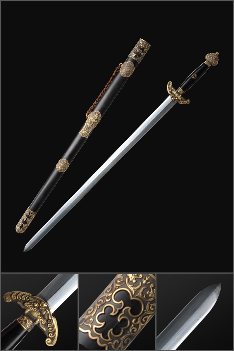 Handgefertigtes chinesisches Schwert QianLong Kaiser Jian Handgeschnitzte gefaltete Stahlklinge Ebenholzscheide - COOLKATANA 