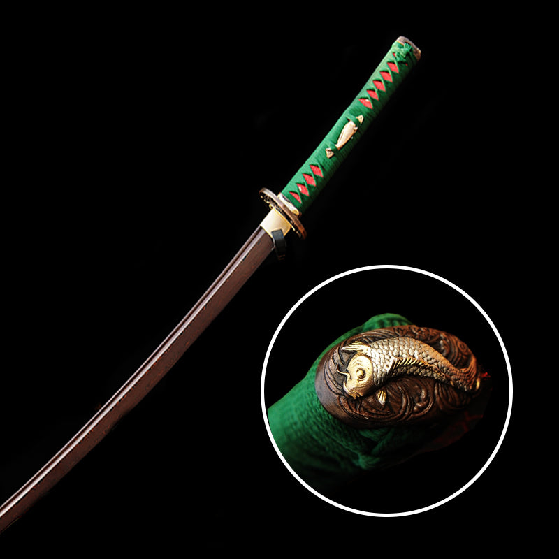 Handgeschmiedetes japanisches Samurai-Katana-Schwert aus Damaskus, gefalteter Stahl, rötlich-schwarze Klinge, Kupfer-Fisch-Tsuba - COOLKATANA 