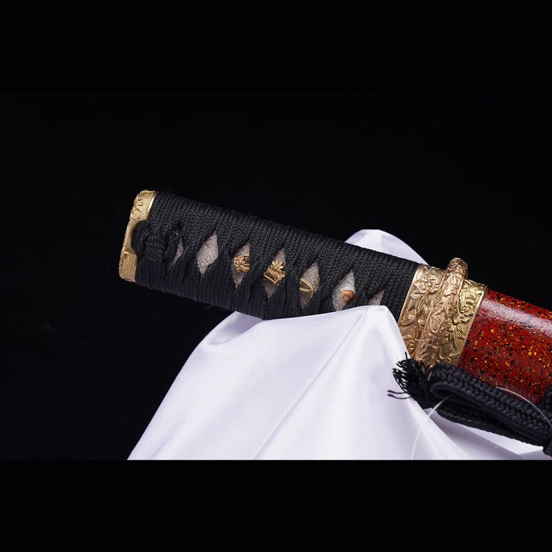 Hand Forged Japanese Tanto Sword Short Sword T10 Steel Clay Tempered Copper Tsuba 