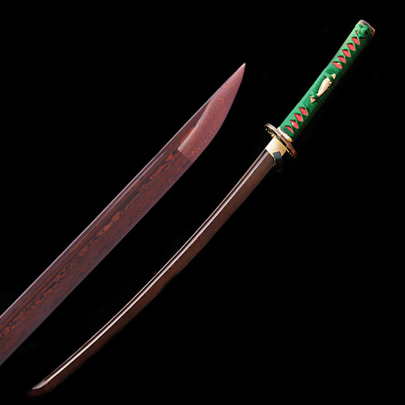 Handgeschmiedetes japanisches Samurai-Katana-Schwert aus Damaskus, gefalteter Stahl, rötlich-schwarze Klinge, Kupfer-Fisch-Tsuba - COOLKATANA 