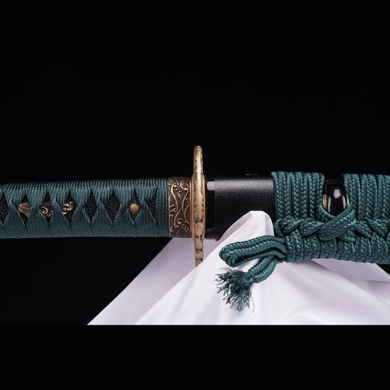 Handgeschmiedetes japanisches Samurai-Katana-Schwert Mangan-Stahl-Klinge Ton-gehärtetes Messing Tsuba - COOLKATANA 
