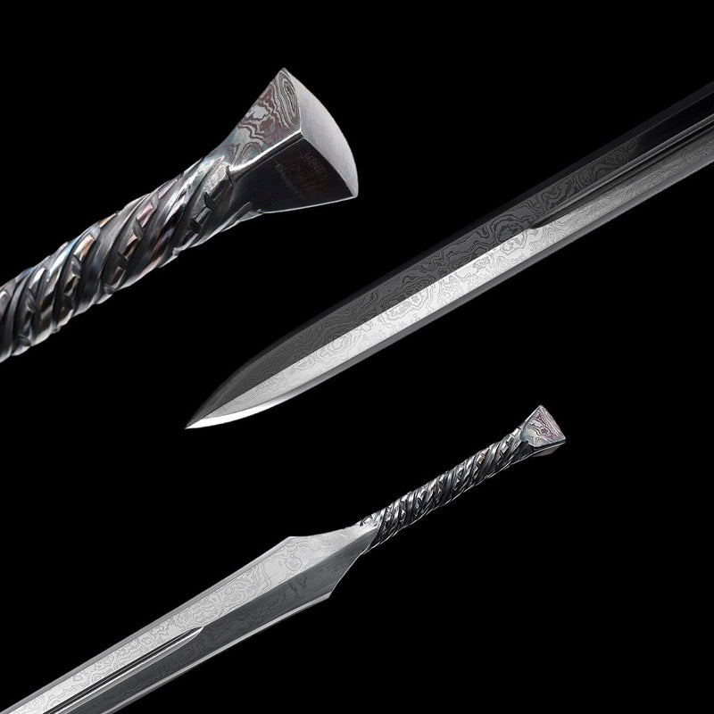 Hand Forged European Sword Spear Sword Folded Steel Black Leather Scab 