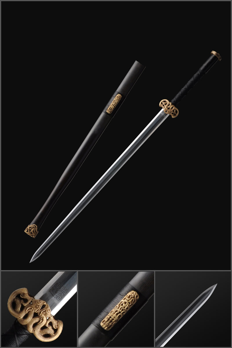Handmade Chinese Sword Double Dragon Han Jian Folded Steel Blade Ebony 