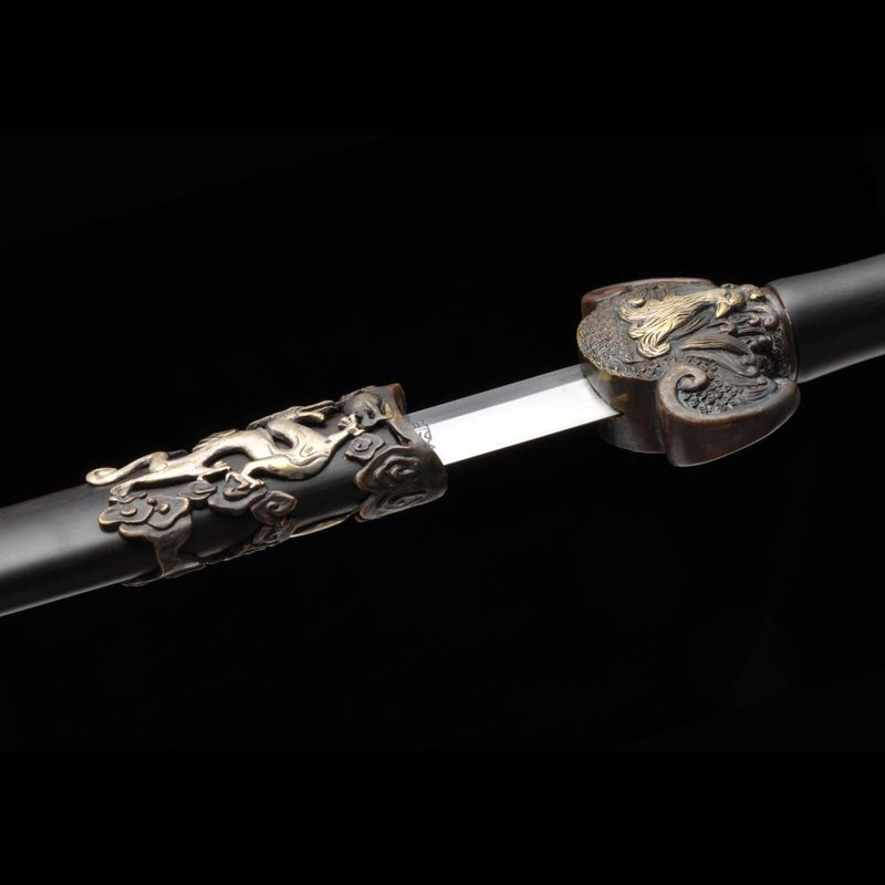 Handmade Chinese Sword Four-Holy-Animal Sword Folded Steel Blade Ebony 