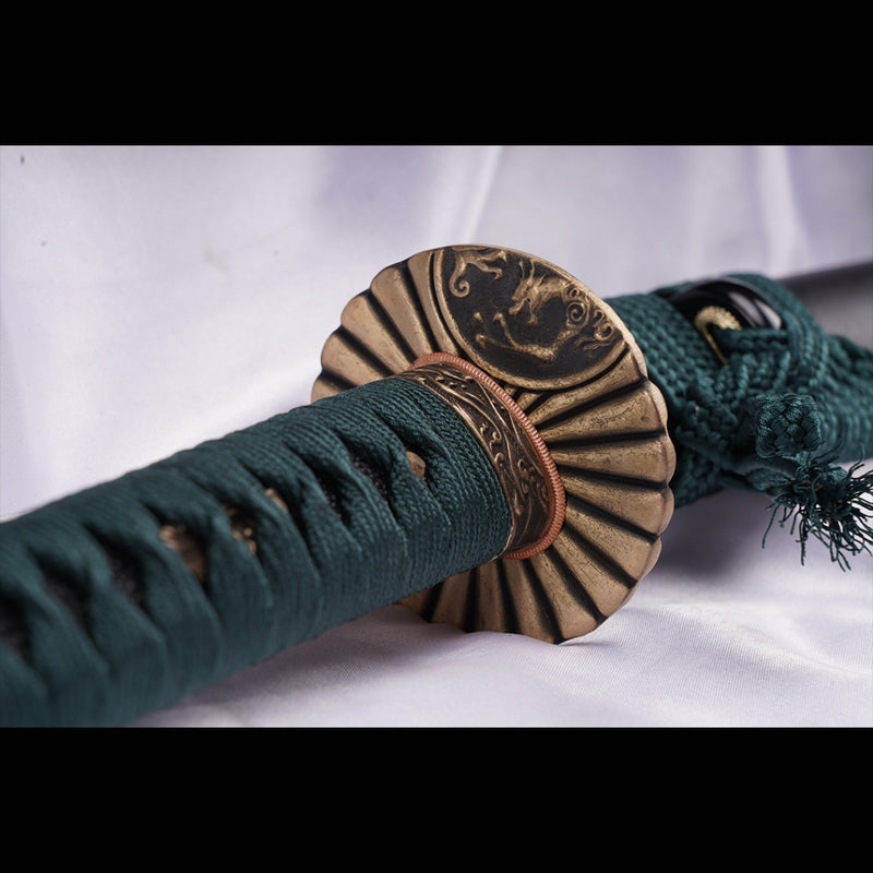 Handgeschmiedetes japanisches Samurai-Katana-Schwert Mangan-Stahl-Klinge Ton-gehärtetes Messing Tsuba - COOLKATANA 
