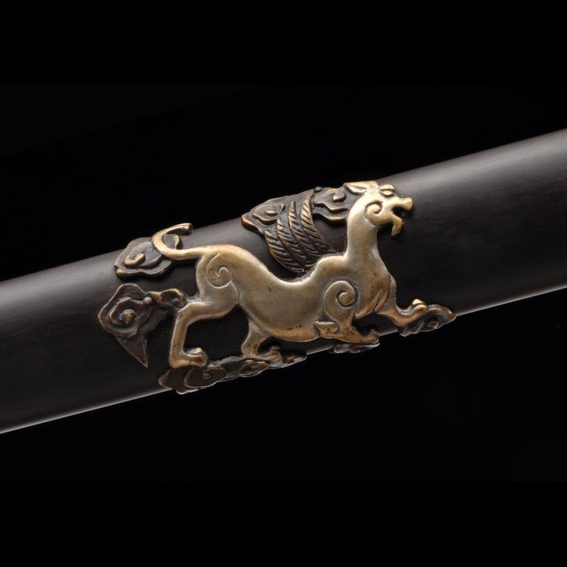 Handmade Chinese Sword Four-Holy-Animal Sword Folded Steel Blade Ebony 