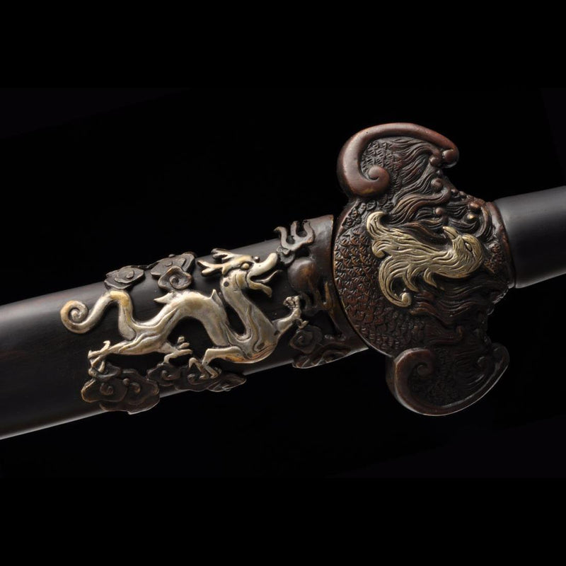 Handmade Chinese Sword Four-Holy-Animal Sword Folded Steel Blade Ebony 