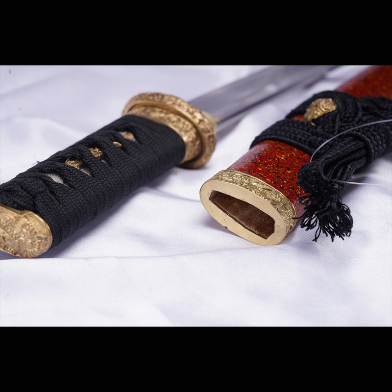 Hand Forged Japanese Tanto Sword Short Sword T10 Steel Clay Tempered Copper Tsuba 