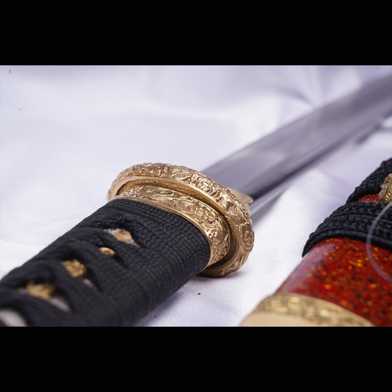 Hand Forged Japanese Tanto Sword Short Sword T10 Steel Clay Tempered Copper Tsuba 