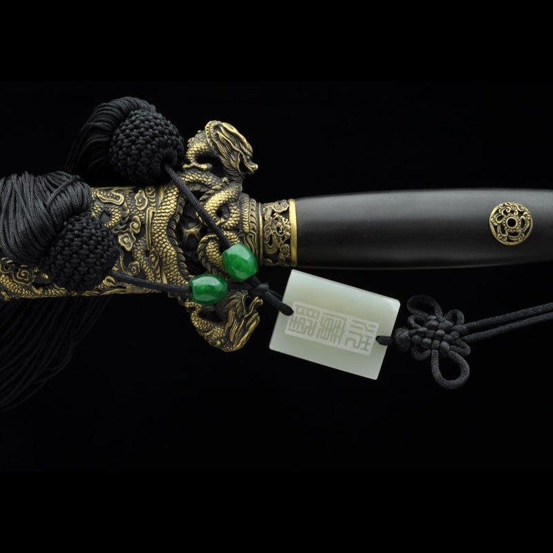 Handgefertigtes chinesisches Schwert Nine Dragon Jian gefaltete Stahlklinge Tamron Figur Ebenholzscheide - COOLKATANA 