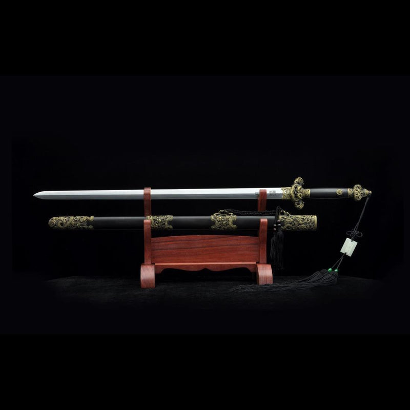 Handgefertigtes chinesisches Schwert Nine Dragon Jian gefaltete Stahlklinge Tamron Figur Ebenholzscheide - COOLKATANA 