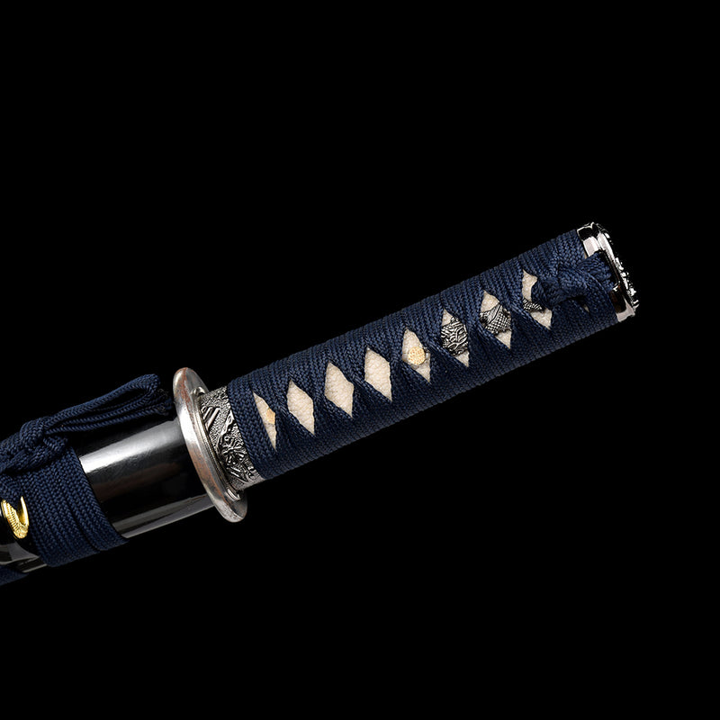 Handgeschmiedetes japanisches Tanto-Schwert, Kurzschwert, blaue Klinge, gefalteter Stahl, Eisen, Tsuba, voller Zapfen, scharf 