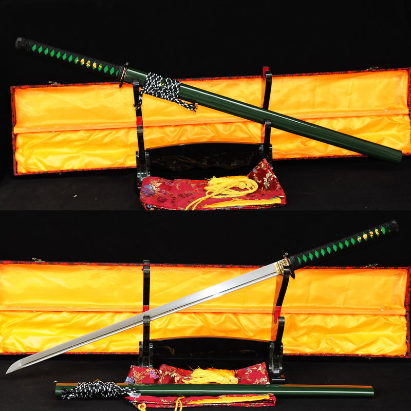 Hand Forged Japanese Ninja Sword Folded Steel Chokuto Iron Tsuba Green 