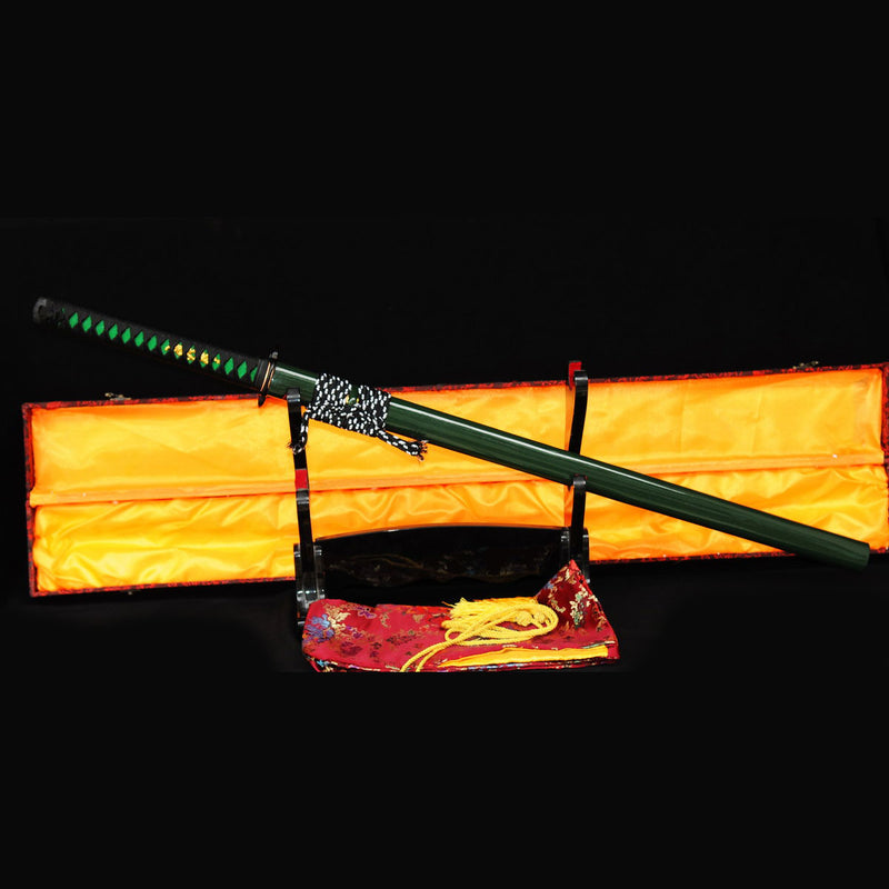 Hand Forged Japanese Ninja Sword Folded Steel Chokuto Iron Tsuba Green 