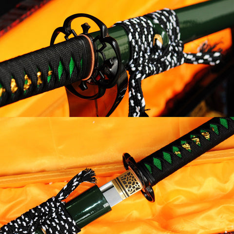 Hand Forged Japanese Ninja Sword Folded Steel Chokuto Iron Tsuba Green Saya-COOLKATANA-SL-331-U