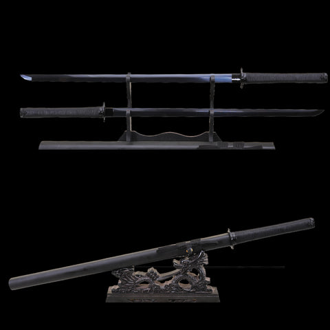 Hand Forged Japanese Ninja Sword Set Gemini Twin Ninjato Folde Steel Iron Tsuba Straight Blade Black-COOLKATANA-SL-900-U
