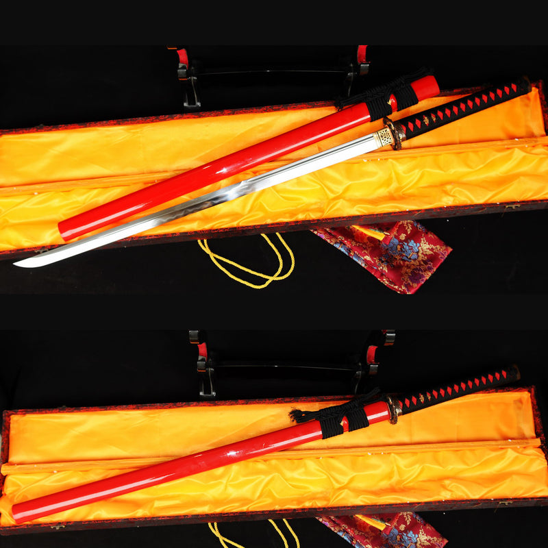 Handgeschmiedetes japanisches Ninja-Schwert Gerade Klinge Ninjato Clay Tempered Sanmain 1095 Carbon Steel + Folded Steel - COOLKATANA 