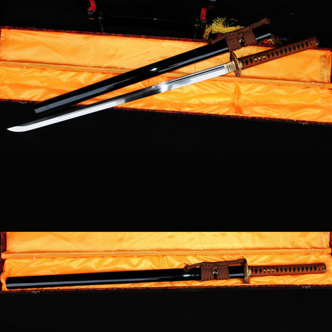 Hand Forged Japanese O-Kissaki Ninja Sword Chokuto 1095 High Carbon Steel Copper Tsuba Black Saya-COOLKATANA-SL-335-U