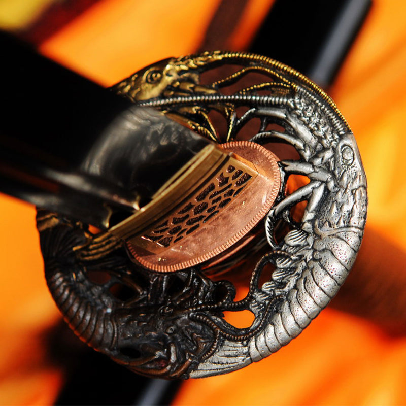 Handgeschmiedetes japanisches O-Kissaki-Ninja-Schwert Chokuto 1095 Kohlenstoffstahl, Kupfer-Tsuba, schwarze Saya 