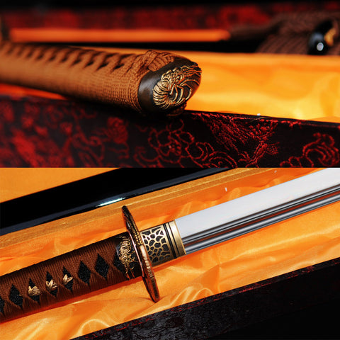 Hand Forged Japanese O-Kissaki Ninja Sword Chokuto 1095 High Carbon Steel Copper Tsuba Black Saya-COOLKATANA-SL-335-U