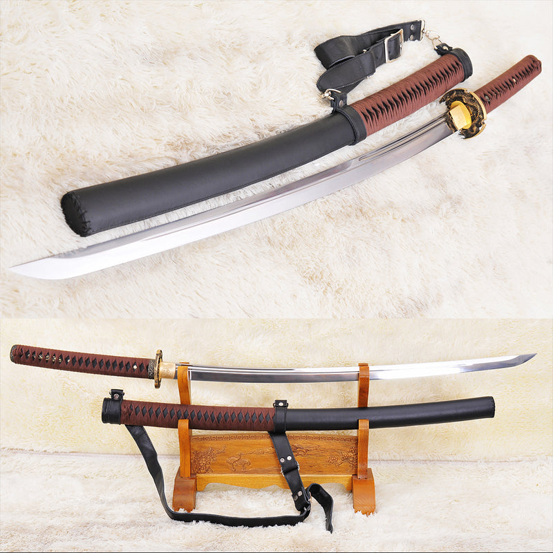 Handgeschmiedetes japanisches Samurai-Katana-Schwert 1095 Kohlenstoffstahl Unokubi-Zukuri-Klinge Leder Saya mit Riemen - COOLKATANA 