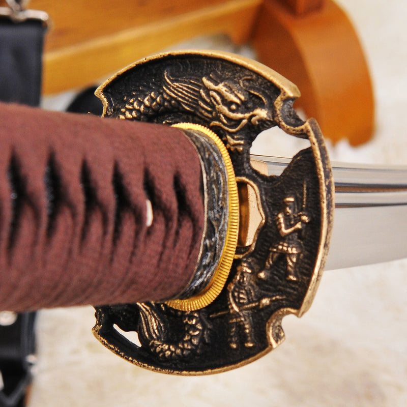 Handgeschmiedetes japanisches Samurai-Katana-Schwert 1095 Kohlenstoffstahl Unokubi-Zukuri-Klinge Leder Saya mit Riemen - COOLKATANA 