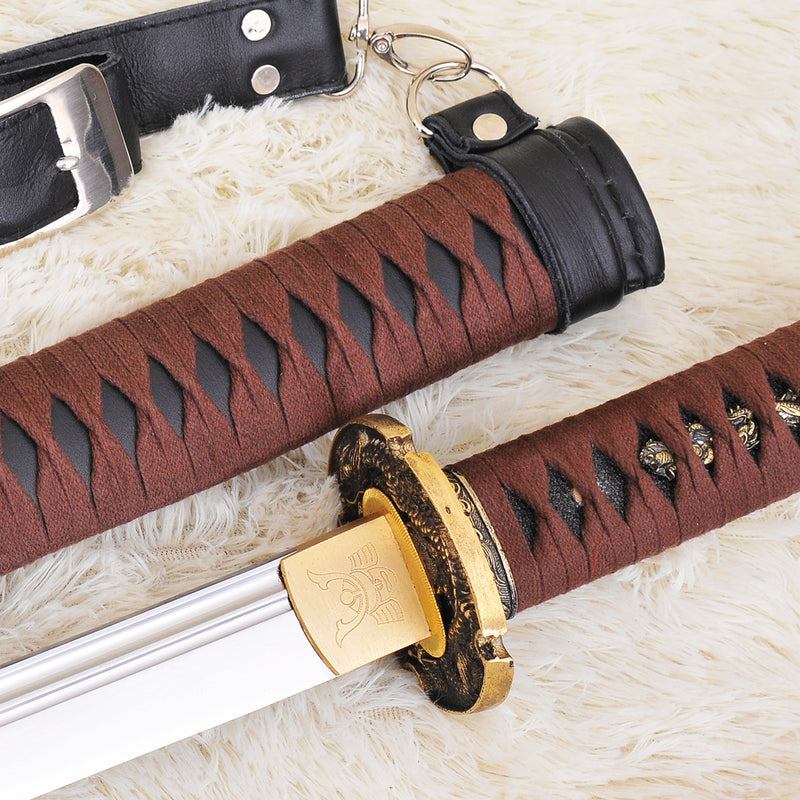 Handgeschmiedetes japanisches Samurai-Katana-Schwert 1095 Kohlenstoffstahl Unokubi-Zukuri-Klinge Leder Saya mit Riemen - COOLKATANA 