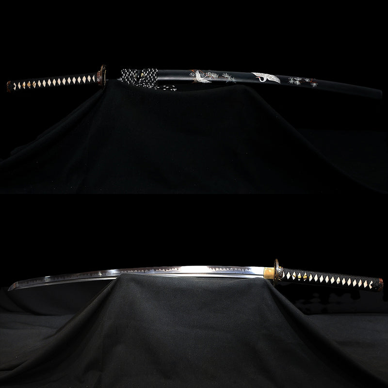 Handgeschmiedetes japanisches Samurai-Katana-Schwert 1095 Gefalteter Stahl Clay Tempered Hand-Drawn Crane Saya - COOLKATANA 