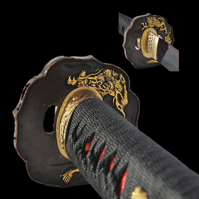 Handgeschmiedetes japanisches Samurai-Katana-Schwert 1095 High Carbon Steel Clay Tempered Black Blade Functional - COOLKATANA 