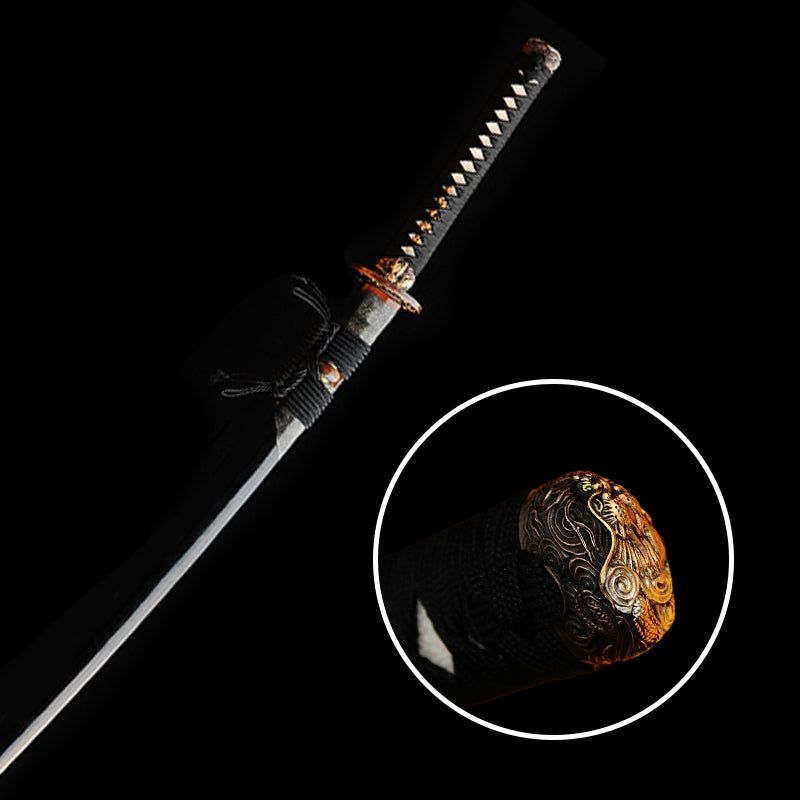 Handgeschmiedetes japanisches Samurai-Katana-Schwert aus 1095 Kohlenstoffstahl, Ton gehärtet, Vollerl, halb Rochenhaut-Saya - COOLKATANA 