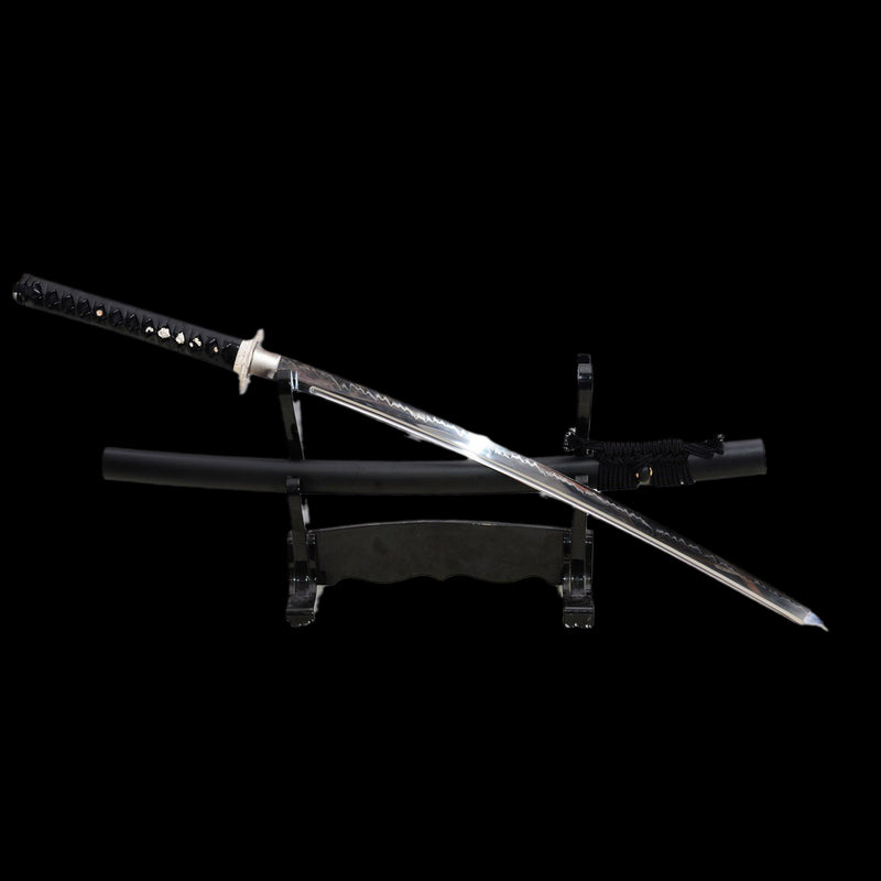 Hand Forged Japanese Samurai Katana Sword 1095 High Carbon Steel Clay Tempered Silver Tsuba Full Tang 