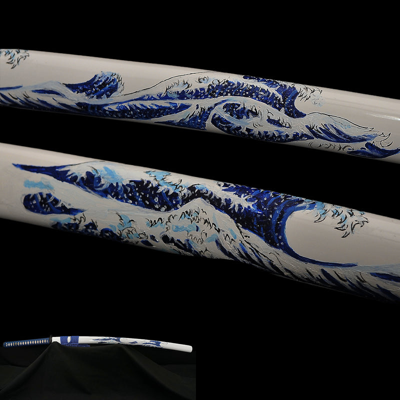 Handgeschmiedetes japanisches Samurai-Katana-Schwert 1095 Hartstahl Handgezeichnete Wellen-Saya - COOLKATANA 