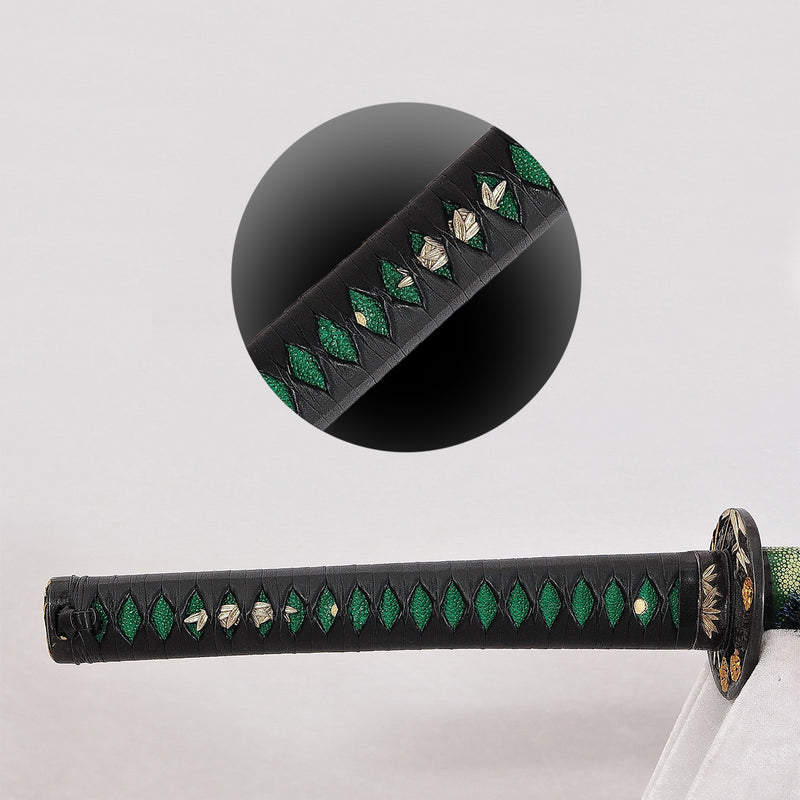 Hand Forged Japanese Samurai Katana Sword 1095 Steel O-Kissaki Clay Tempered Rayskin Saya Bamboo Tsub 