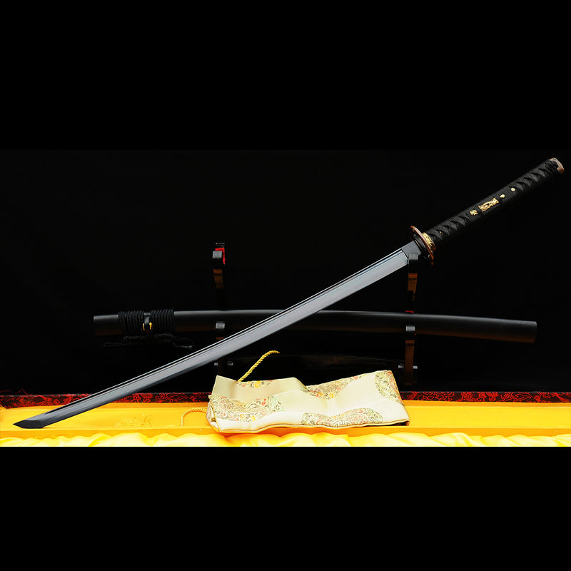 Handgeschmiedetes japanisches Samurai-Katana-Schwert, gefaltete schwarze Stahlklinge Musashi Tsuba - COOLKATANA 
