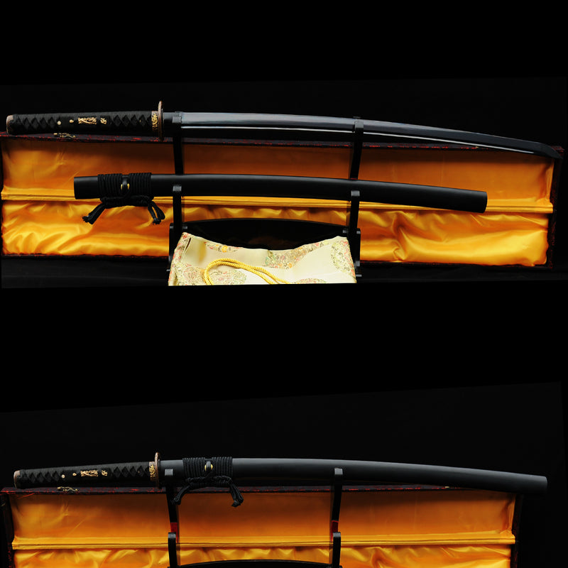 Handgeschmiedetes japanisches Samurai-Katana-Schwert, gefaltete schwarze Stahlklinge Musashi Tsuba - COOLKATANA 