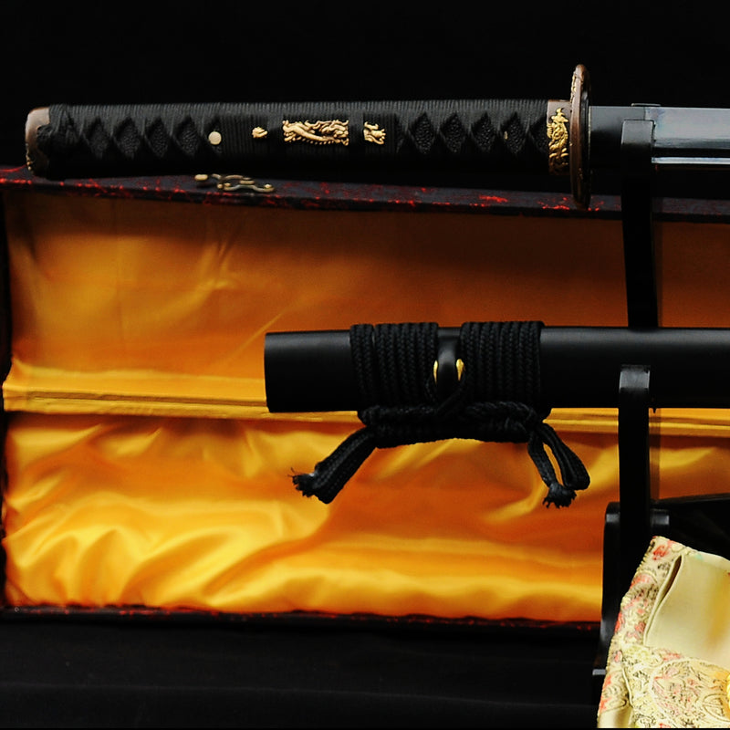 Handgeschmiedetes japanisches Samurai-Katana-Schwert, gefaltete schwarze Stahlklinge Musashi Tsuba - COOLKATANA 
