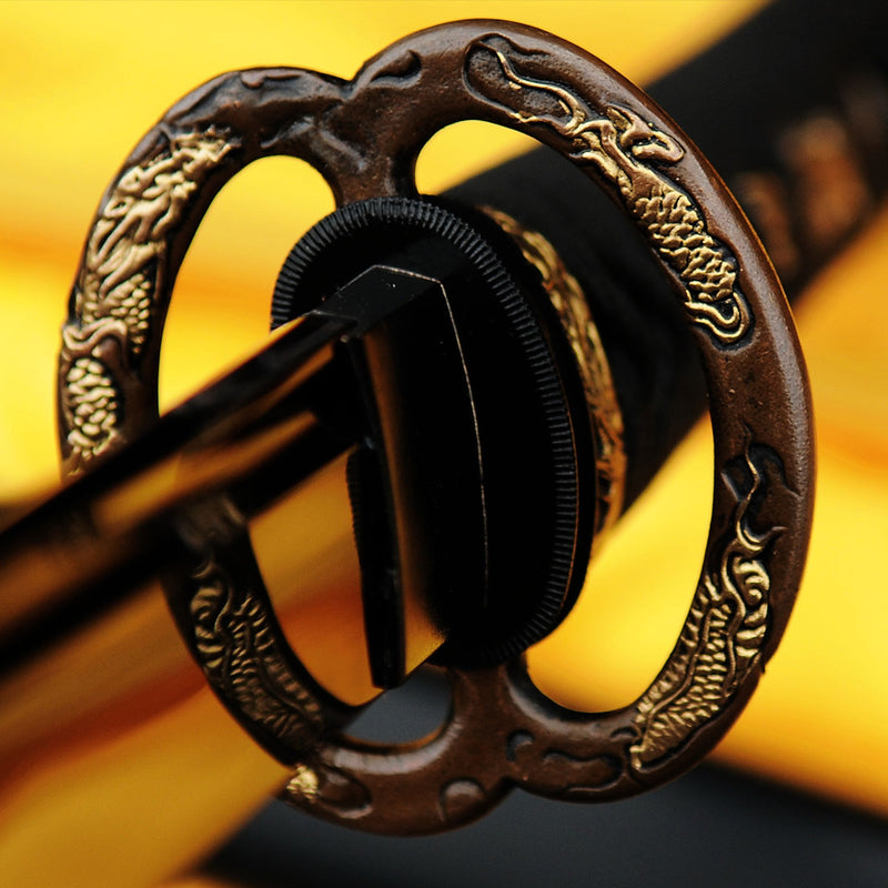 Handgeschmiedetes japanisches Samurai-Katana-Schwert, gefaltete schwarze Stahlklinge Musashi Tsuba - COOLKATANA 