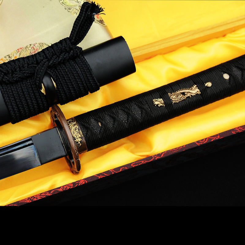 Handgeschmiedetes japanisches Samurai-Katana-Schwert, gefaltete schwarze Stahlklinge Musashi Tsuba - COOLKATANA 